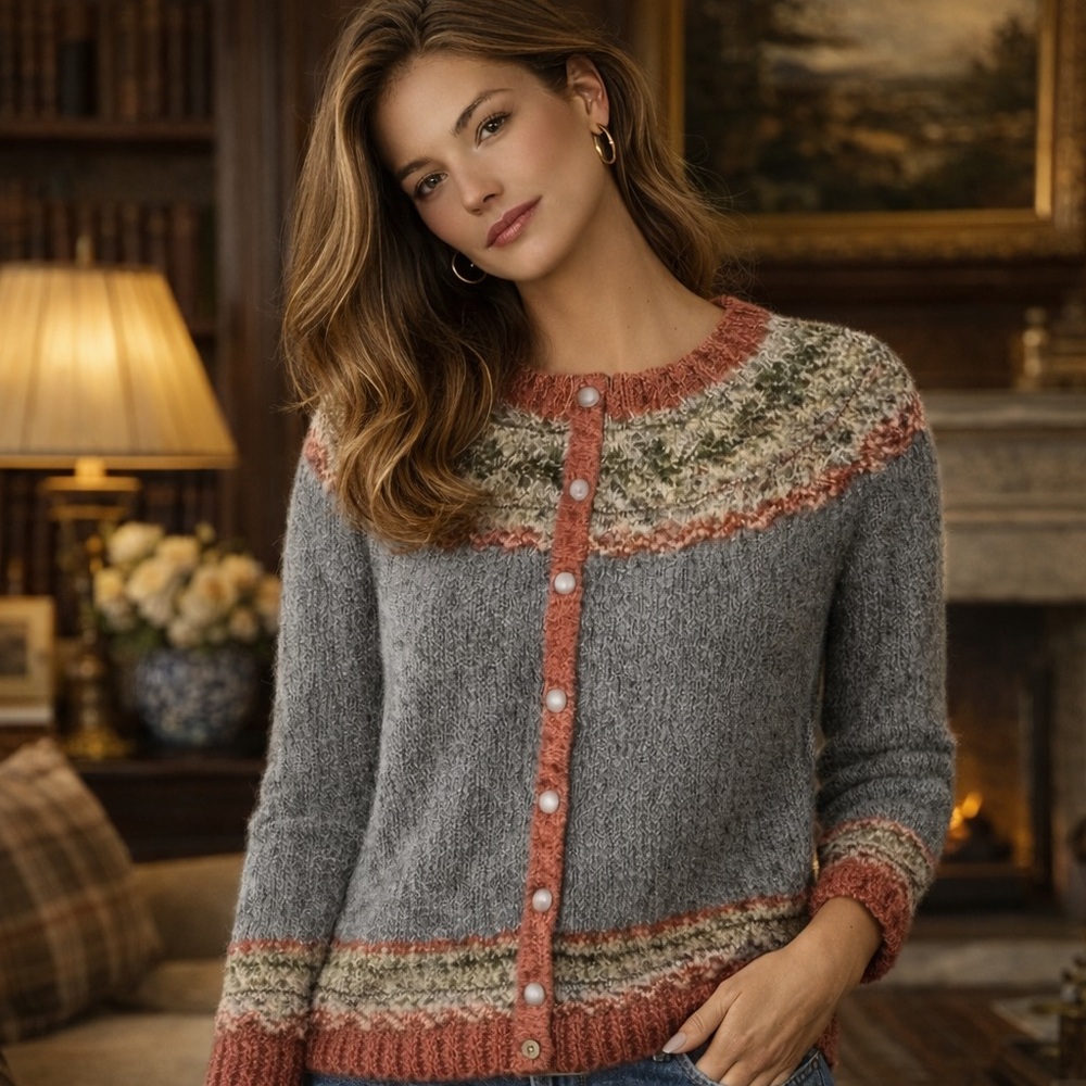 Classic Fair Isle Vines & Ivy Cardigan Sweater With Pearl Buttons